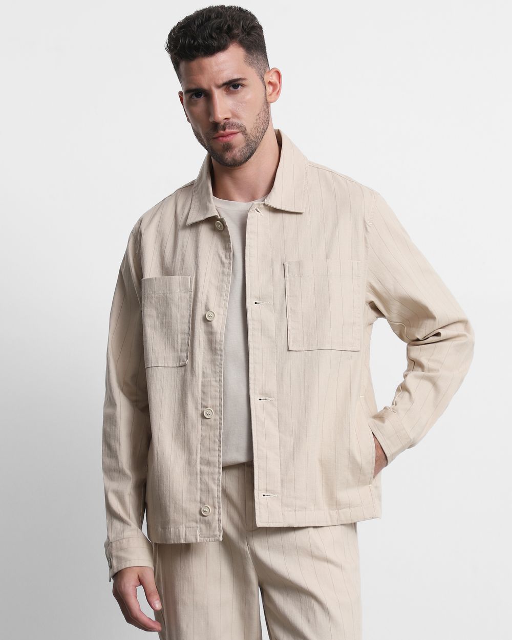 Beige Striped Overshirt