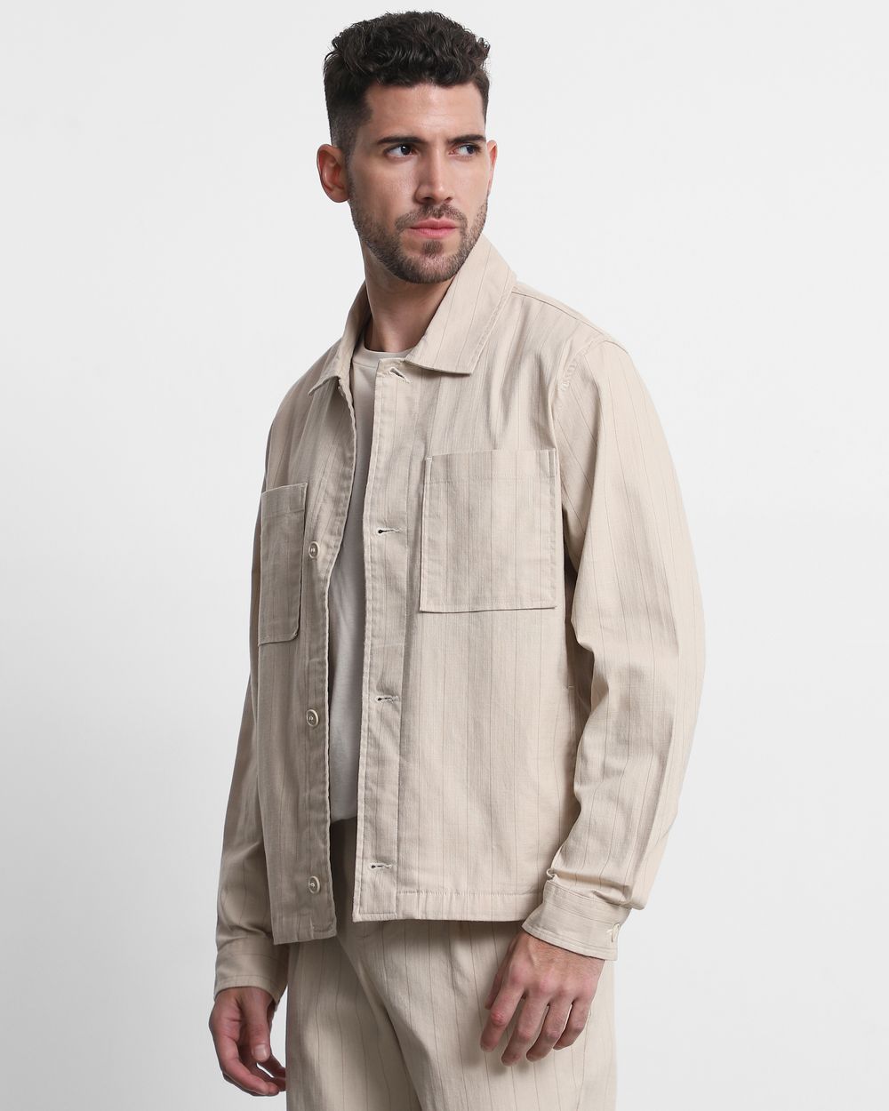 Beige Striped Overshirt