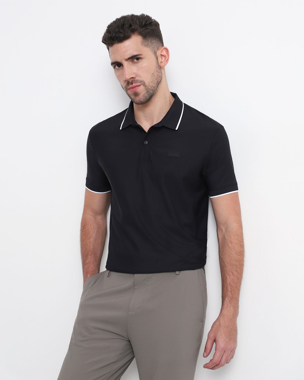 Black Scuba Stretch Plain Slim Fit Polo