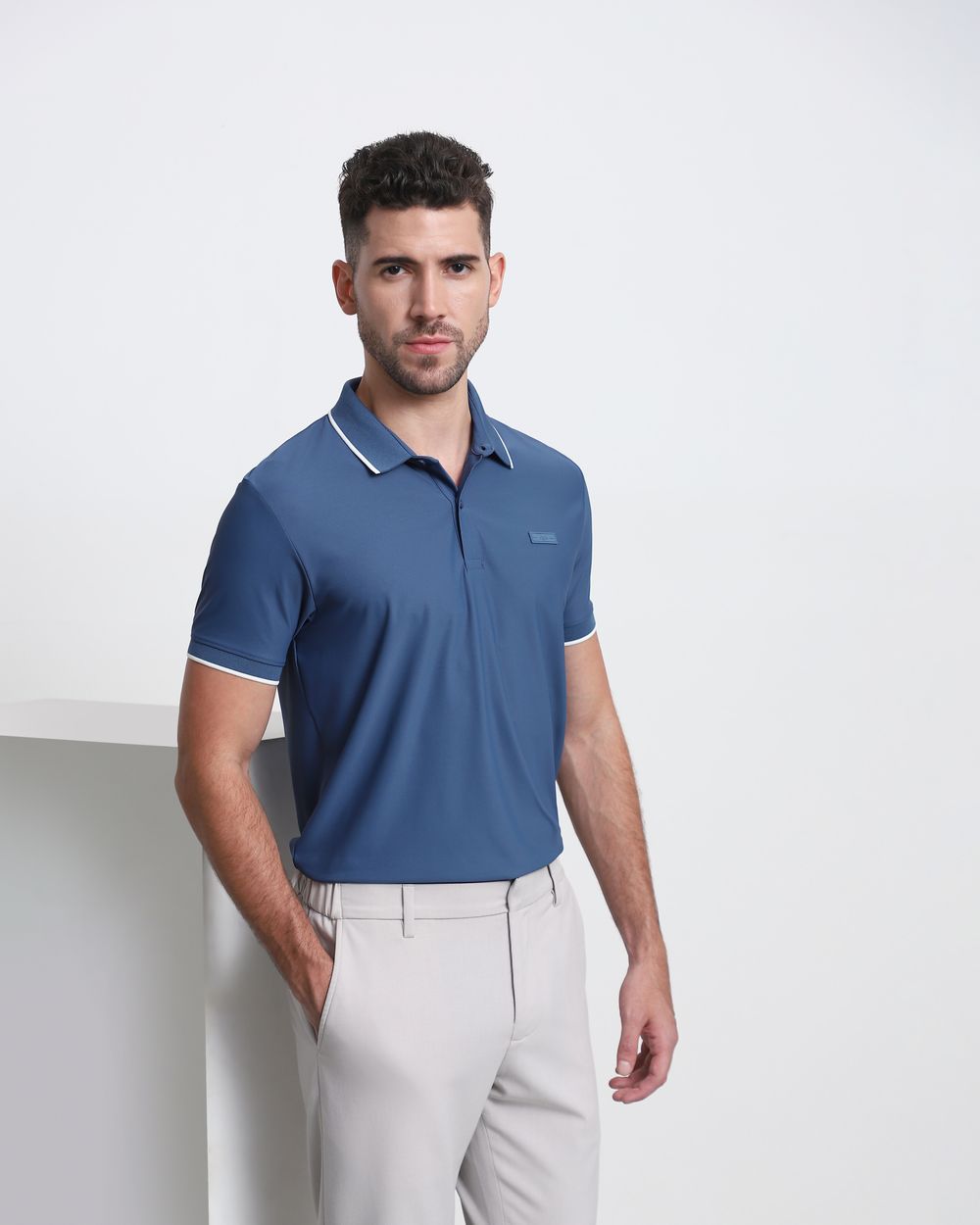 Blue Scuba Stretch Plain Slim Fit Polo