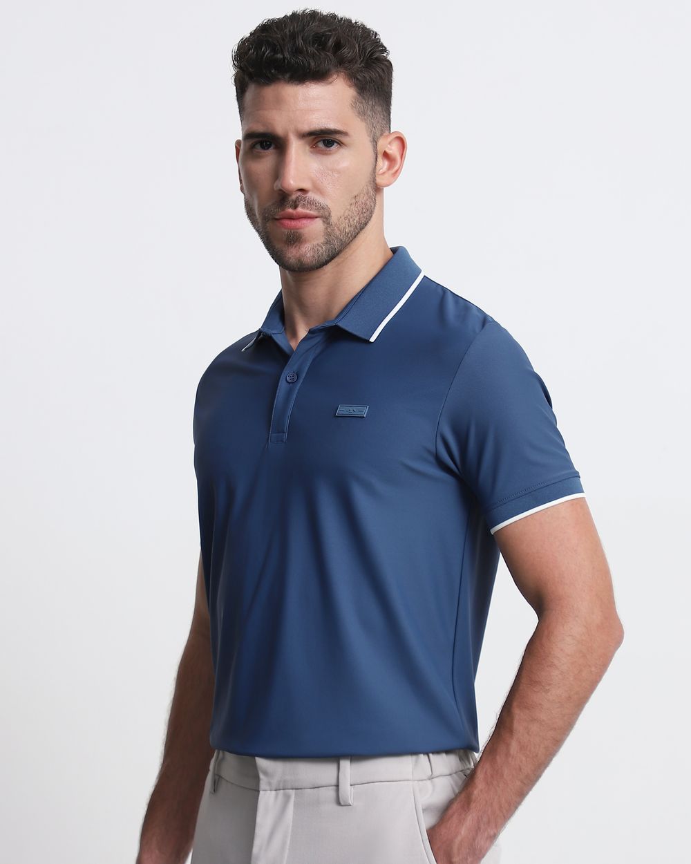 Blue Scuba Stretch Plain Slim Fit Polo