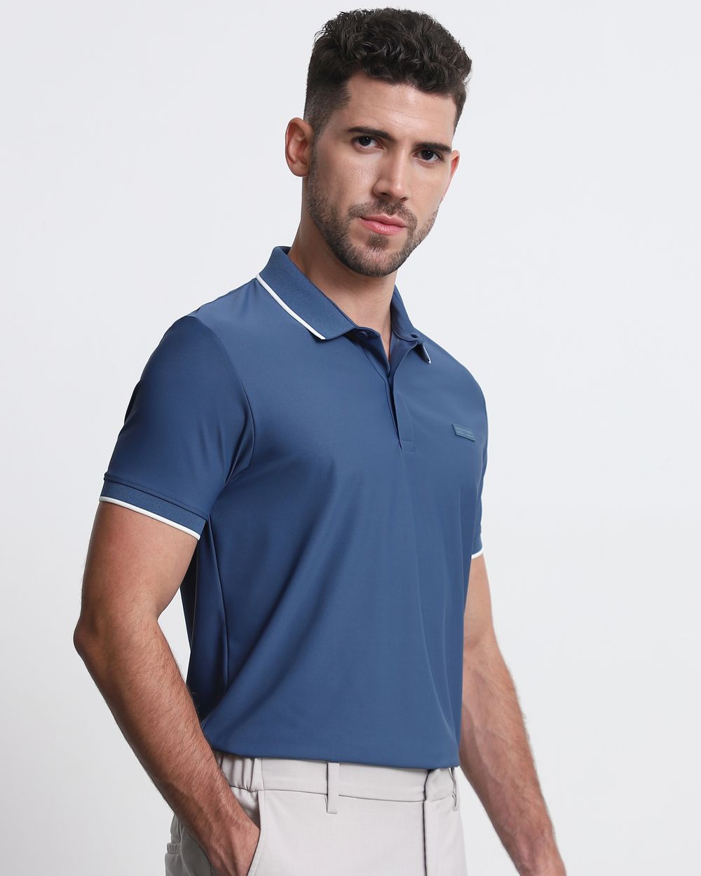 Blue Scuba Stretch Plain Slim Fit Polo