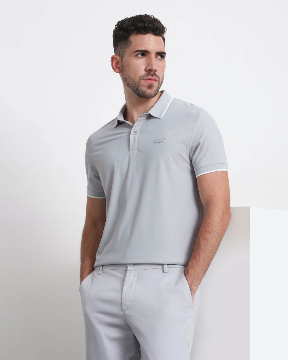 Light Grey Scuba Stretch Plain Slim Fit Polo