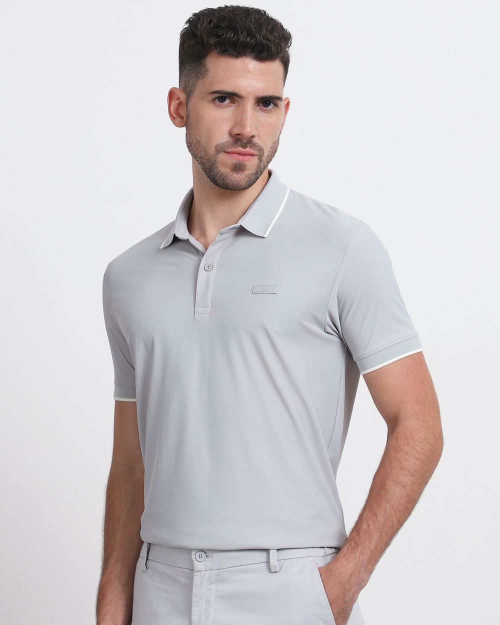 Light Grey Scuba Stretch Plain Slim Fit Polo