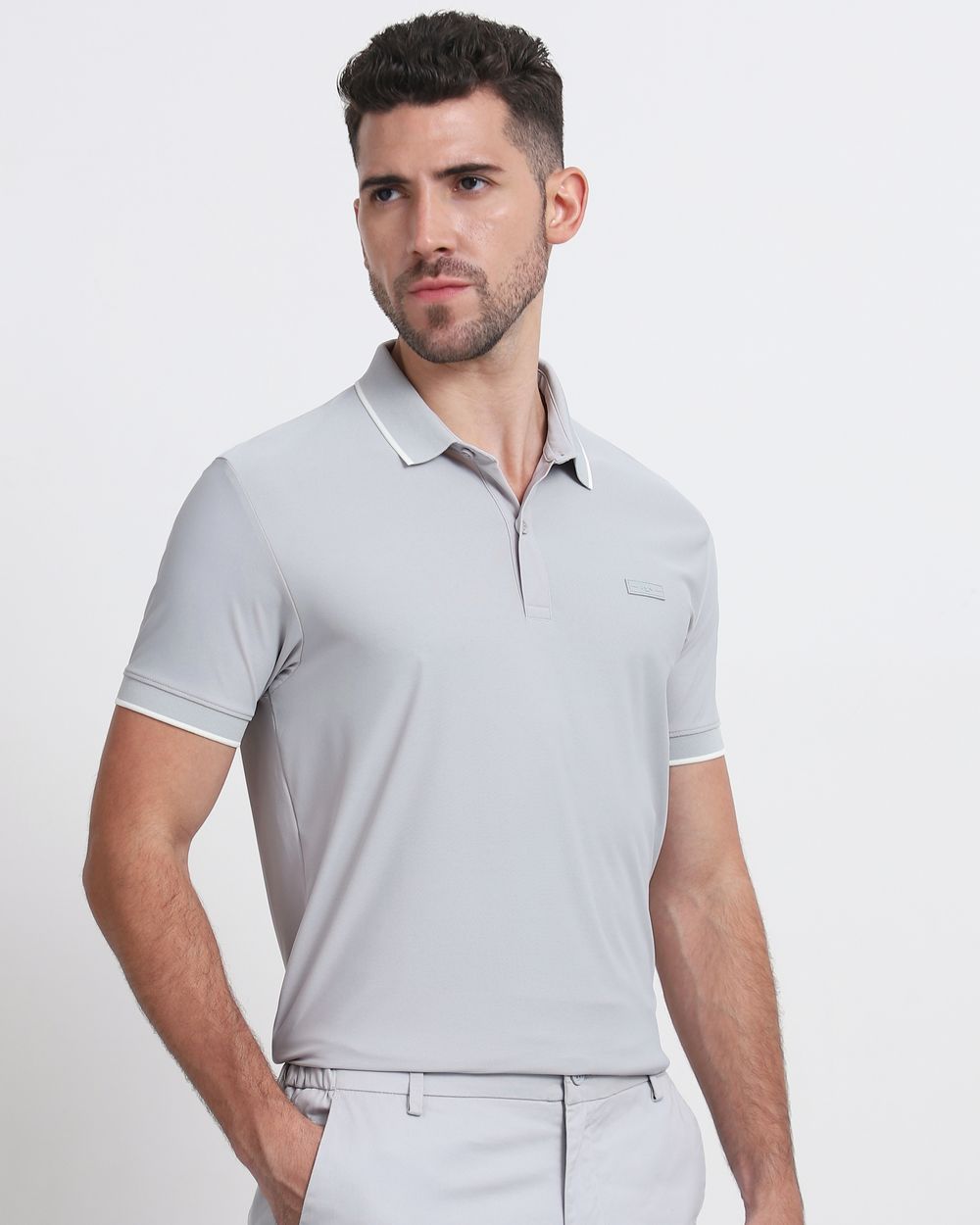 Light Grey Scuba Stretch Plain Slim Fit Polo