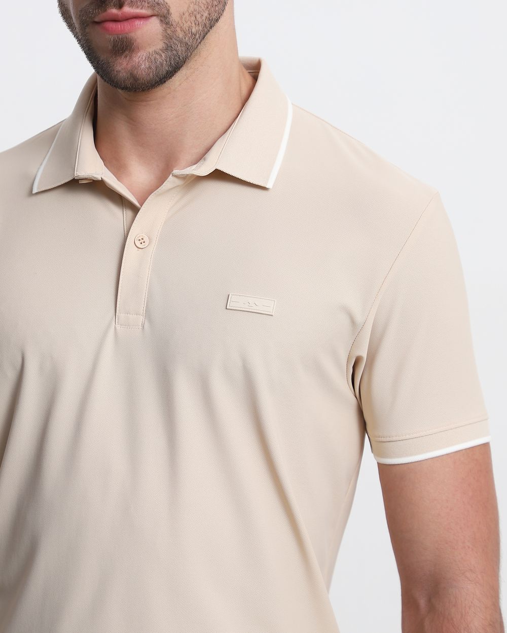 Beige Scuba Stretch Plain Slim Fit Polo