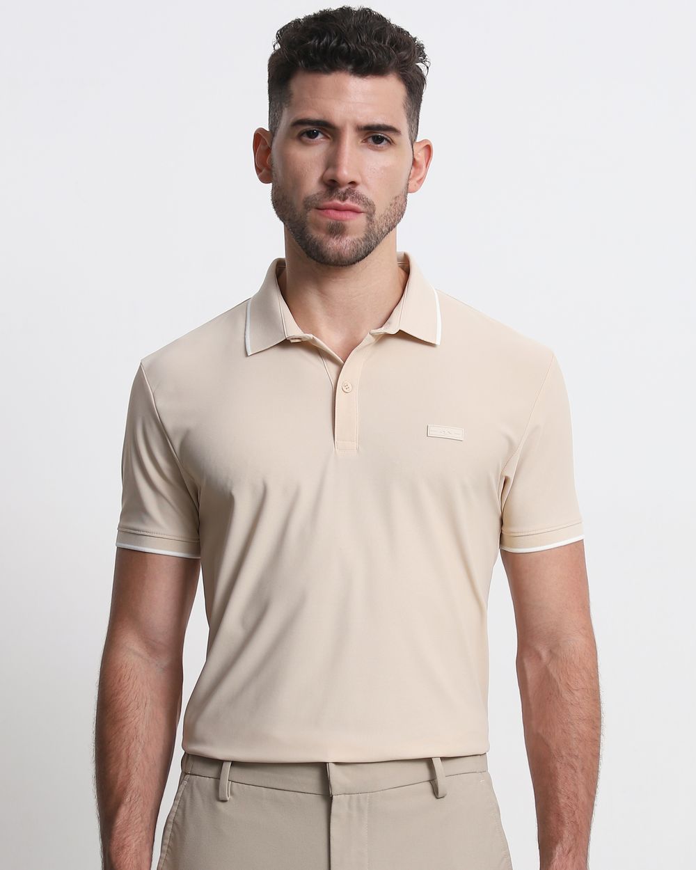 Beige Scuba Stretch Plain Slim Fit Polo