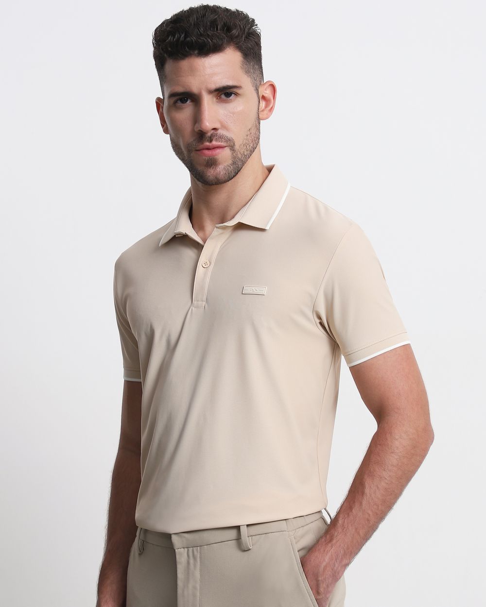 Beige Scuba Stretch Plain Slim Fit Polo
