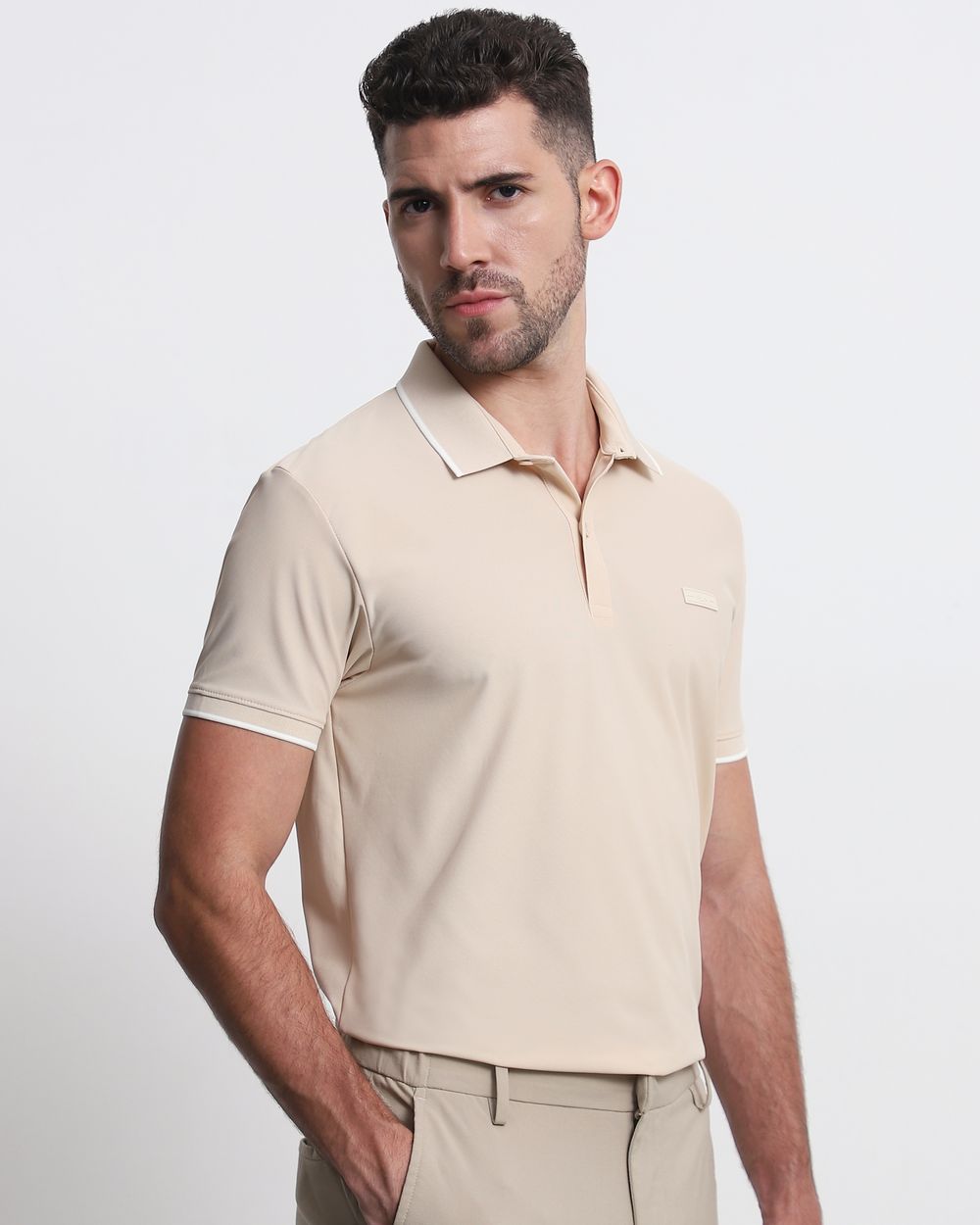 Beige Scuba Stretch Plain Slim Fit Polo