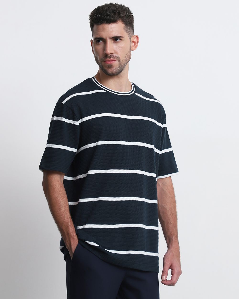 Navy Textured Stripe Slim Fit T-Shirt