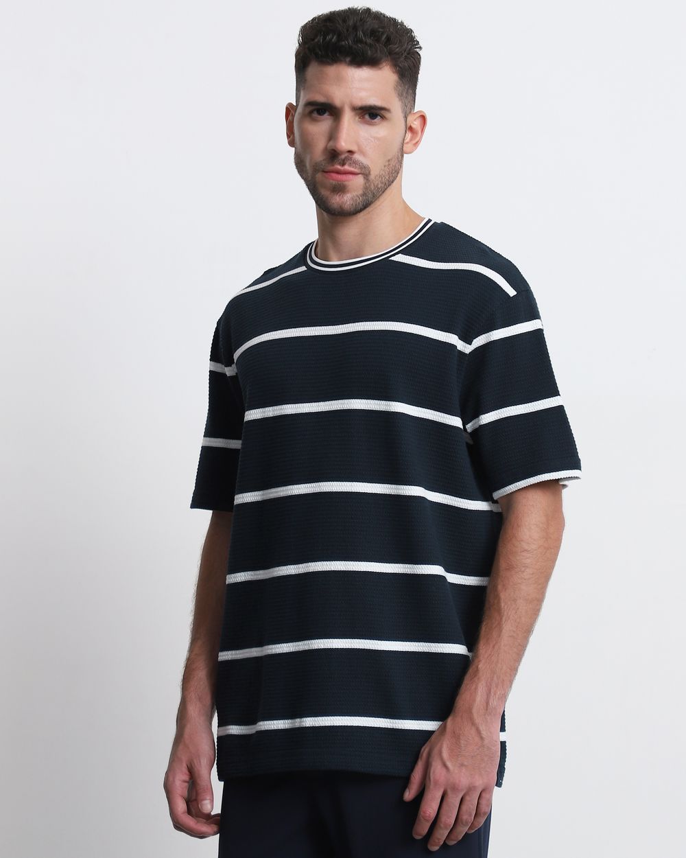 Navy Textured Stripe Slim Fit T-Shirt