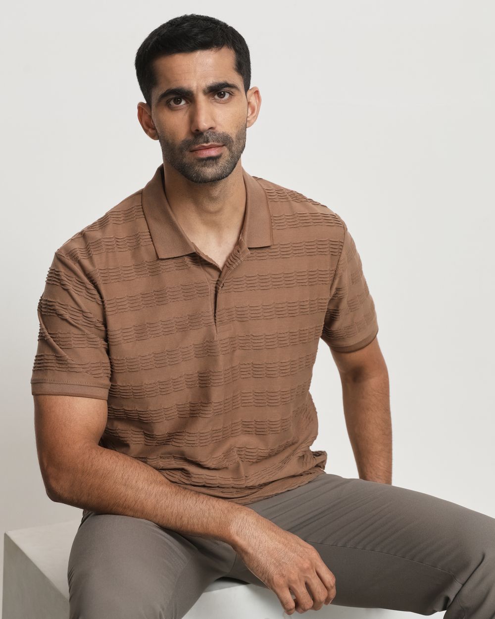 Brown Textured Plain Slim Fit Polo