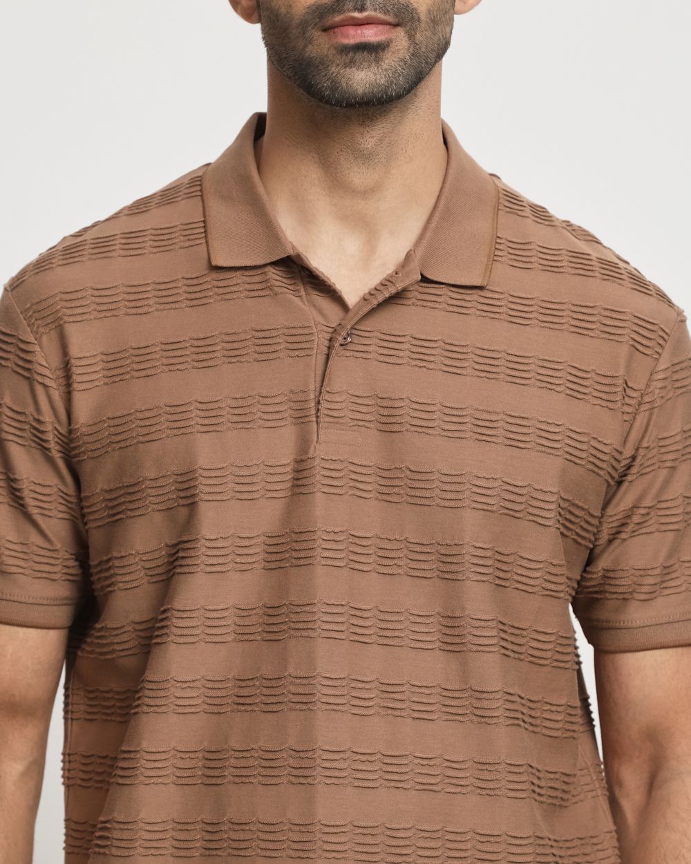 Brown Textured Plain Slim Fit Polo