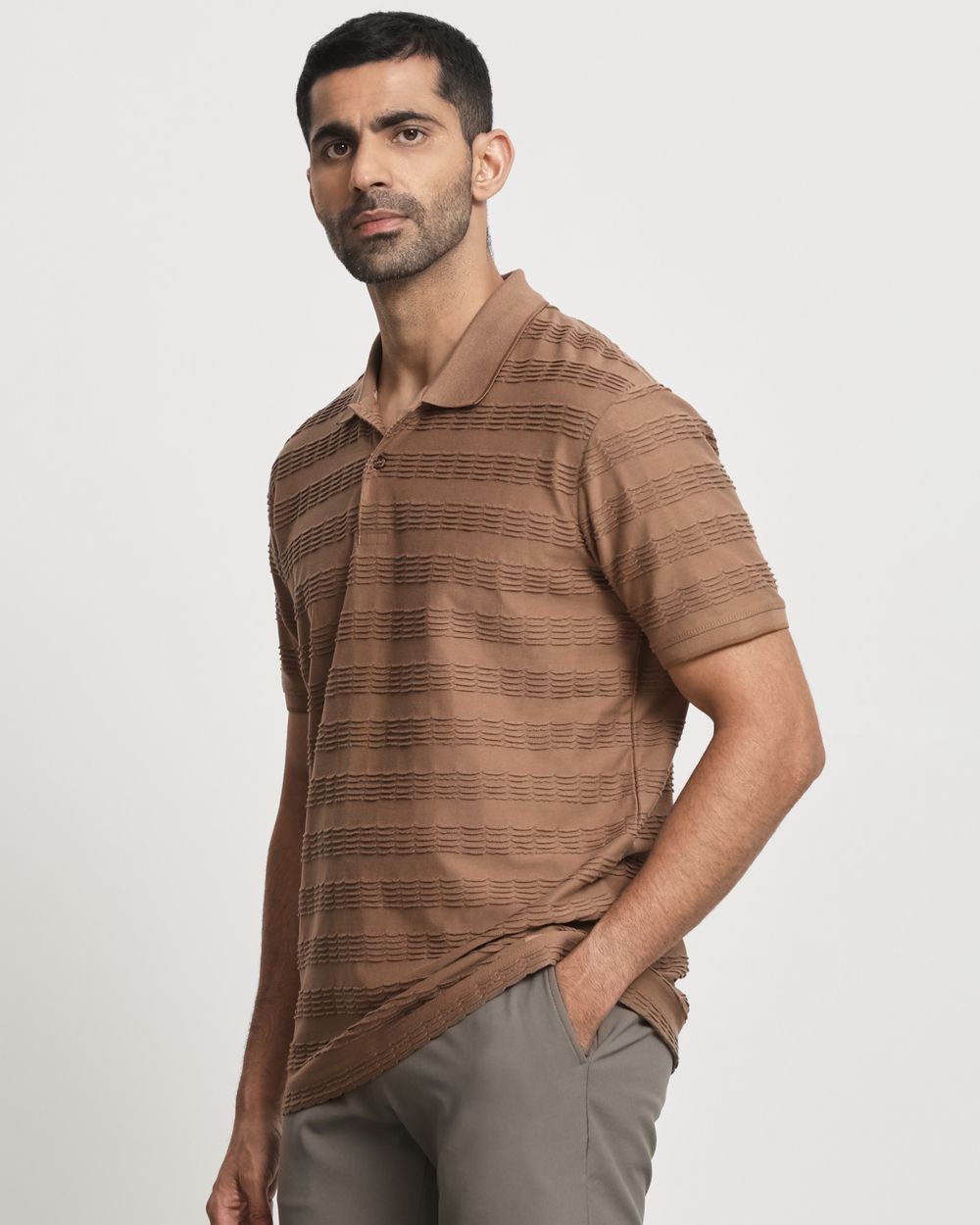 Brown Textured Plain Slim Fit Polo