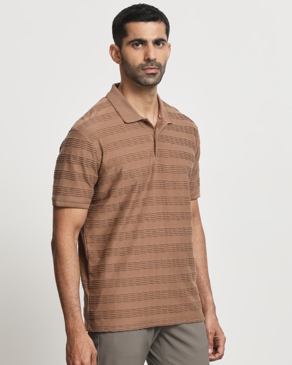 Brown Textured Plain Slim Fit Polo