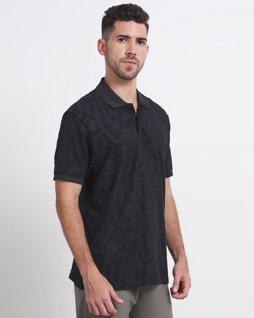 Black Textured Plain Slim Fit Polo