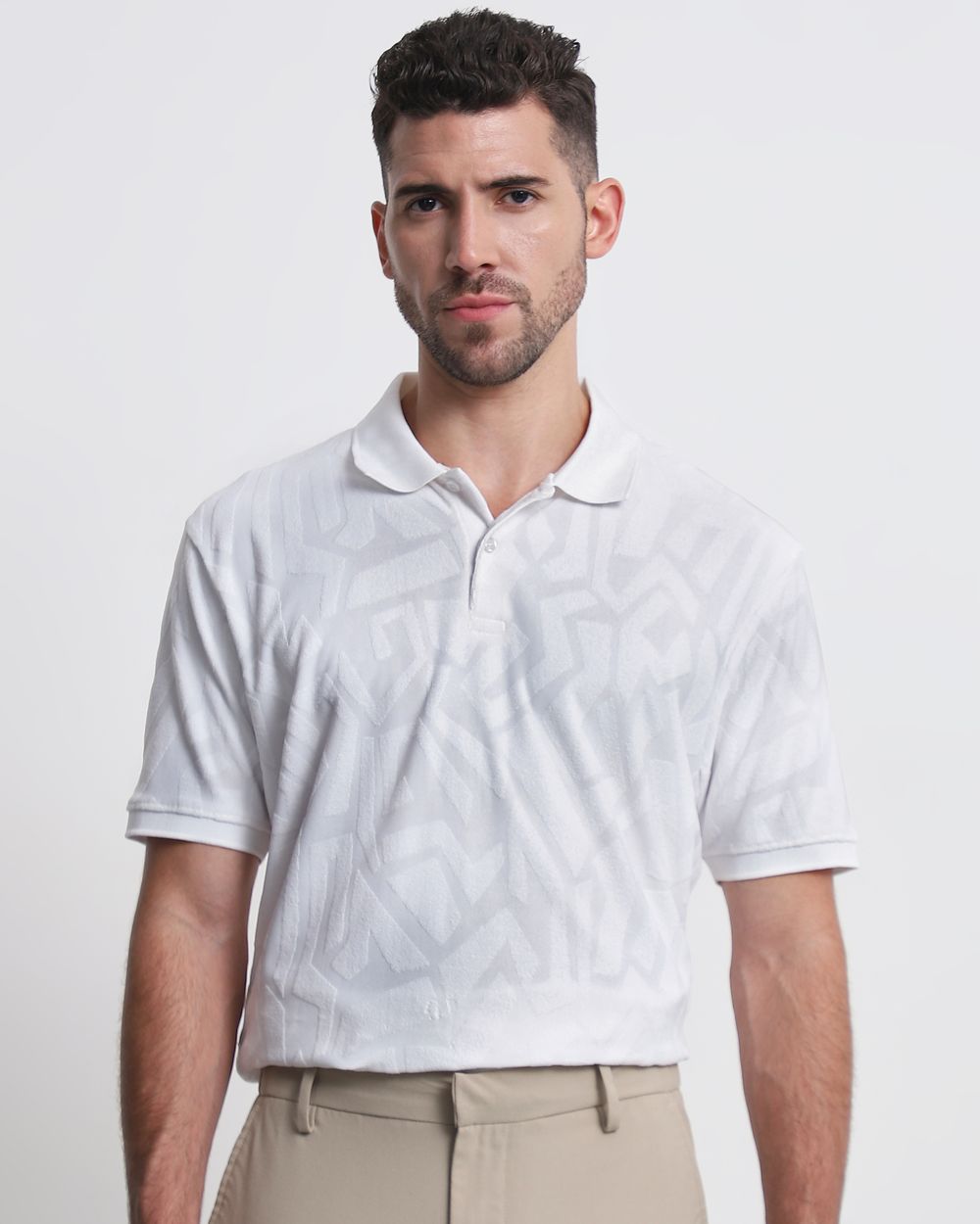 White Textured Plain Slim Fit Polo