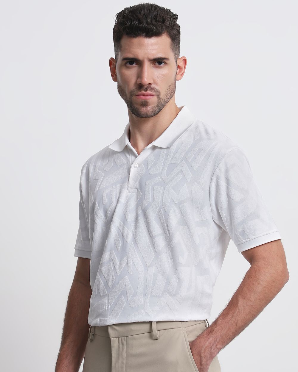 White Textured Plain Slim Fit Polo