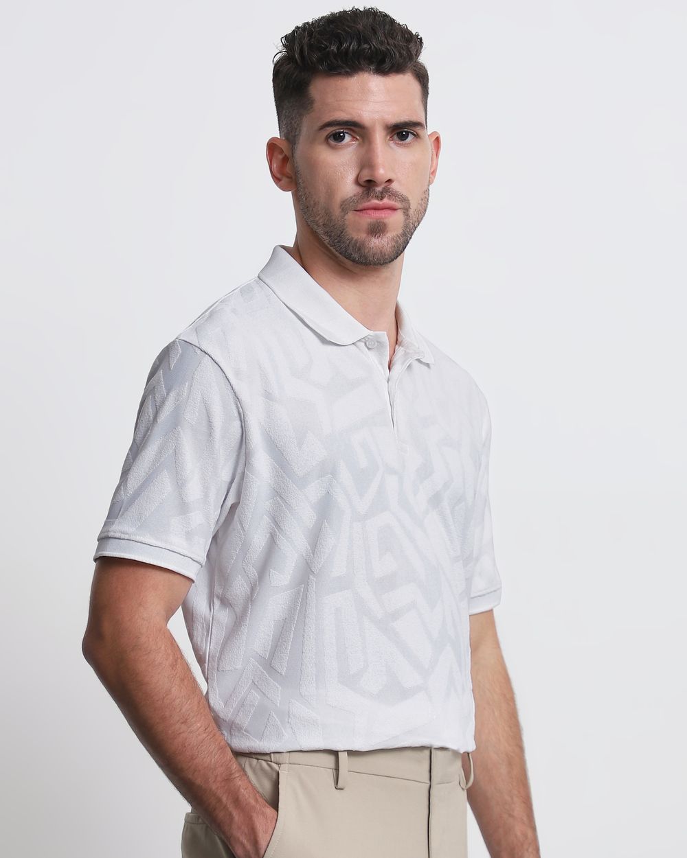 White Textured Plain Slim Fit Polo