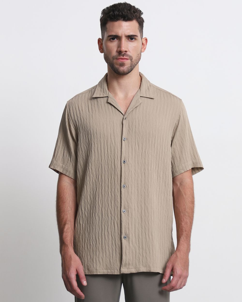 Beige Textured Plain Relaxed Fit Casual Shirt