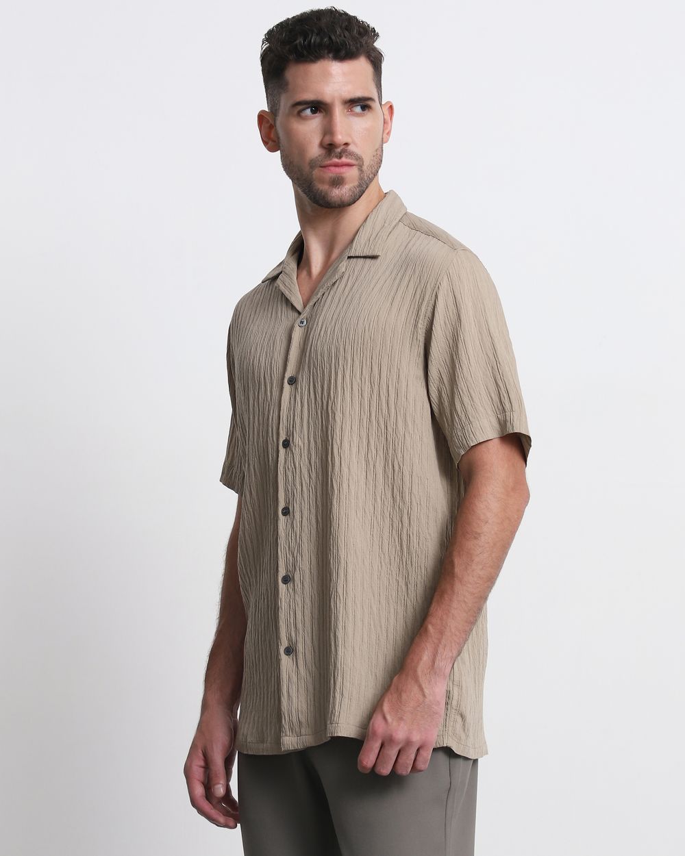Beige Textured Plain Relaxed Fit Casual Shirt