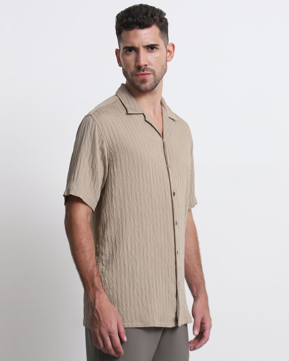 Beige Textured Plain Relaxed Fit Casual Shirt