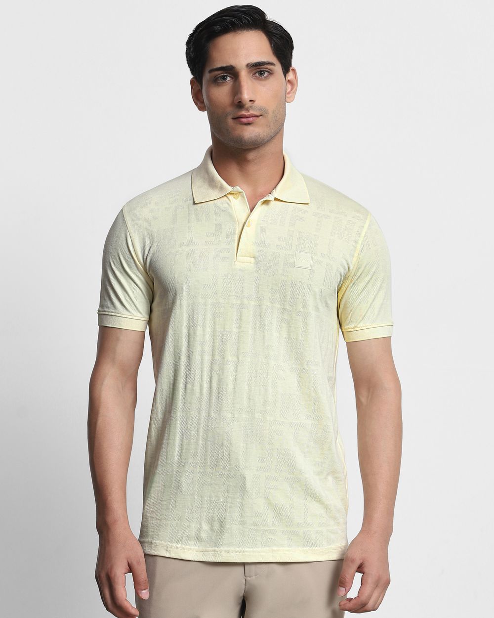 Light Yellow Textured Plain Slim Fit T-Shirt