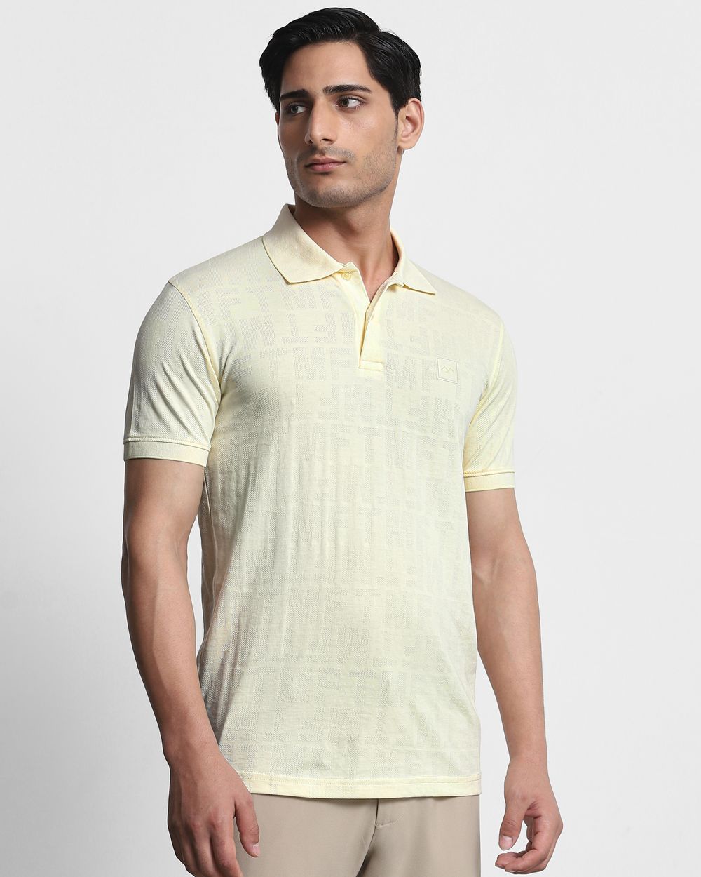 Light Yellow Textured Plain Slim Fit T-Shirt