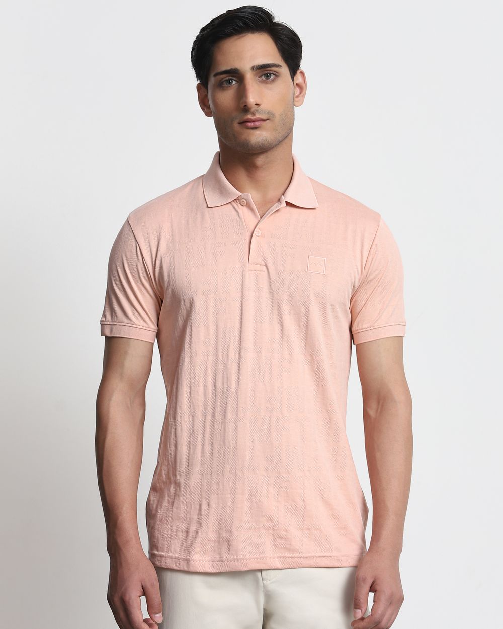 Peach Textured Plain Slim Fit T-Shirt