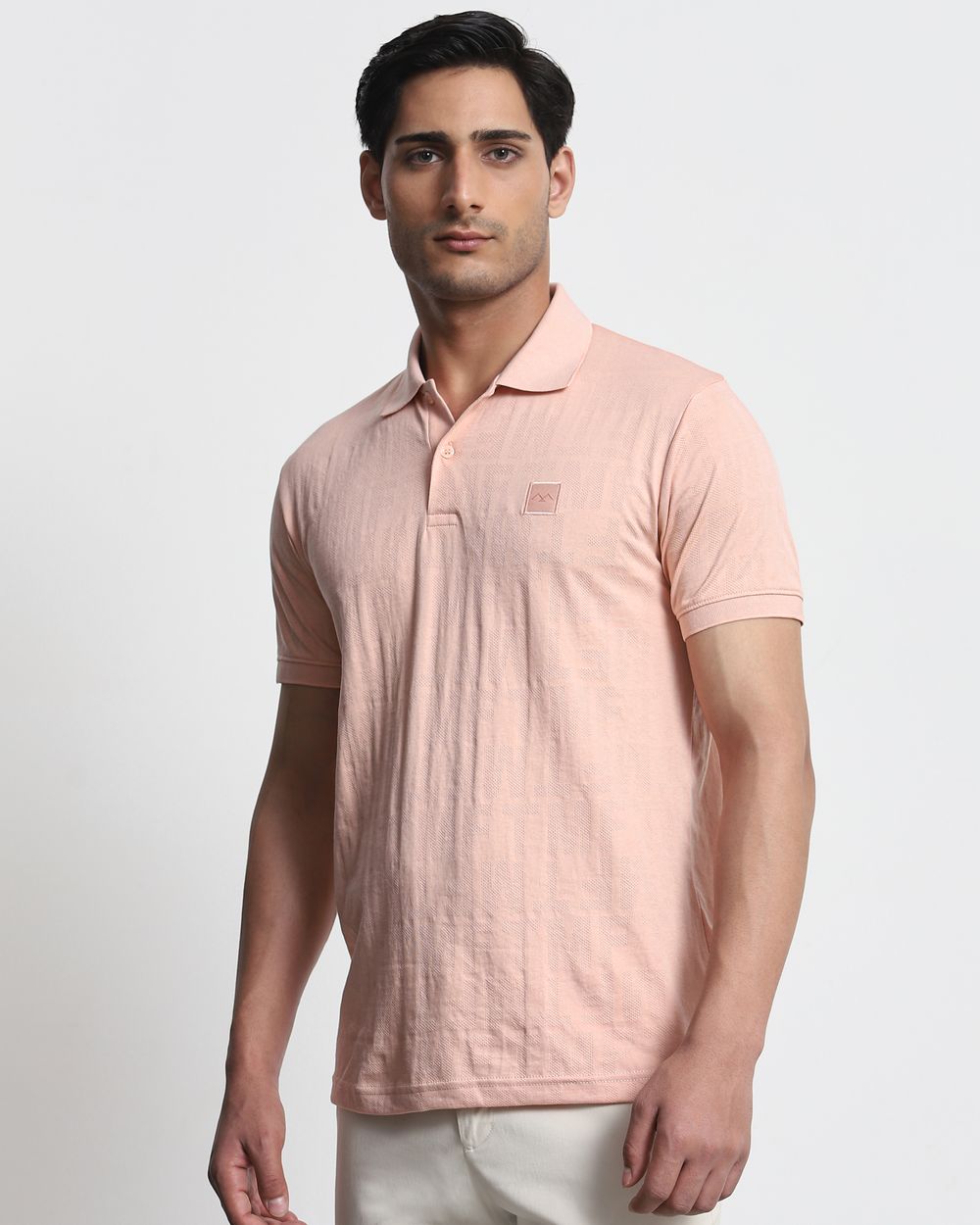 Peach Textured Plain Slim Fit T-Shirt