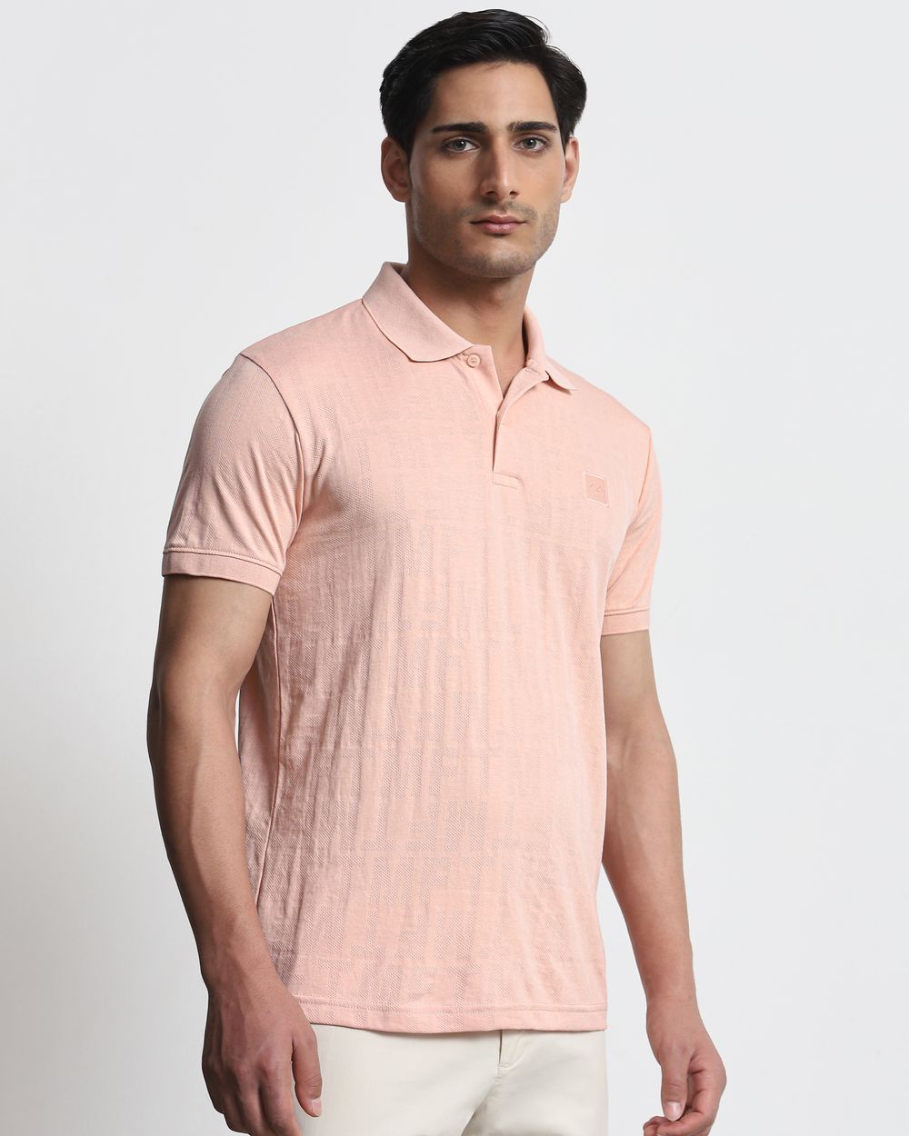 Peach Textured Plain Slim Fit T-Shirt