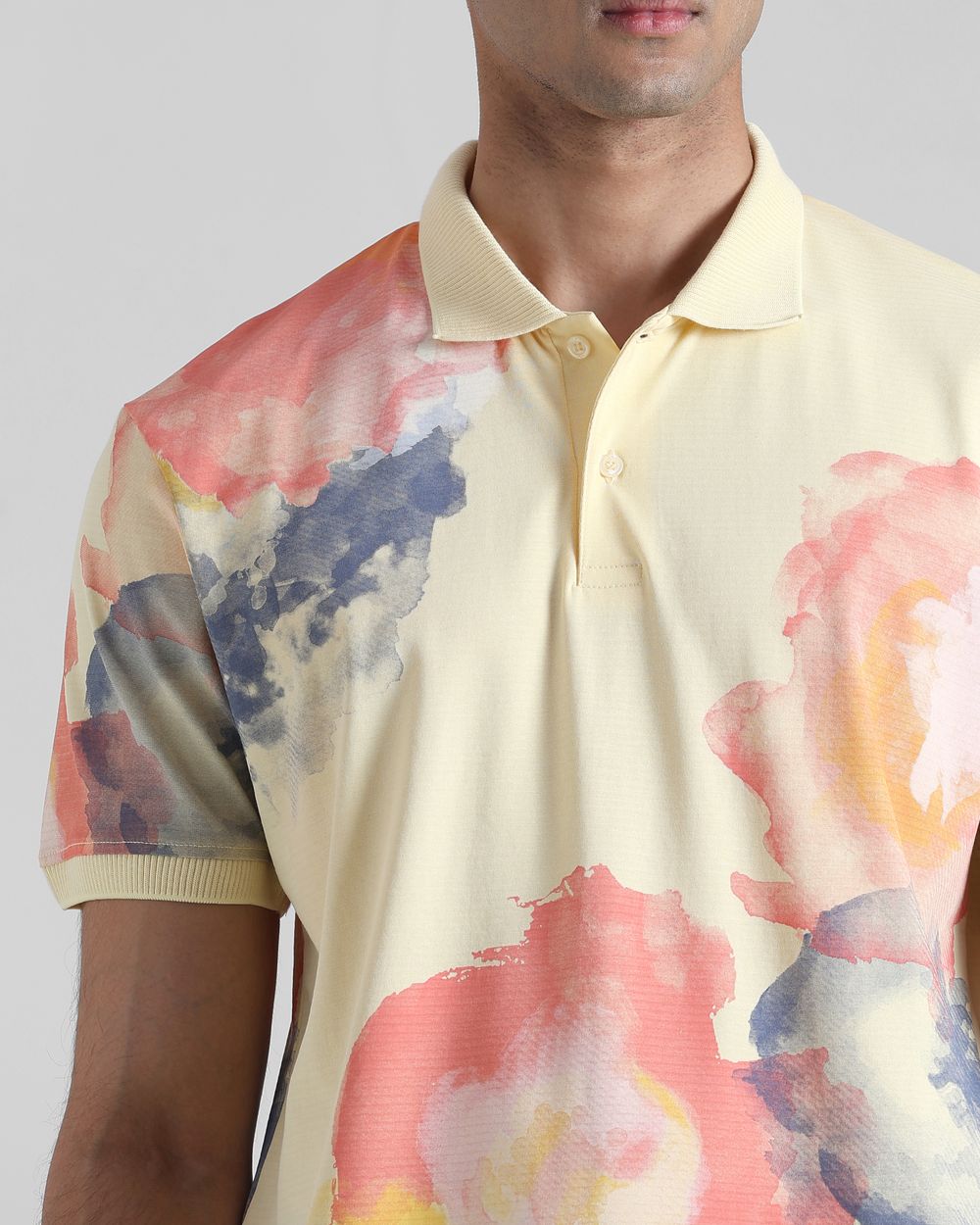 Light Yellow Floral Print Regular Fit T-Shirt