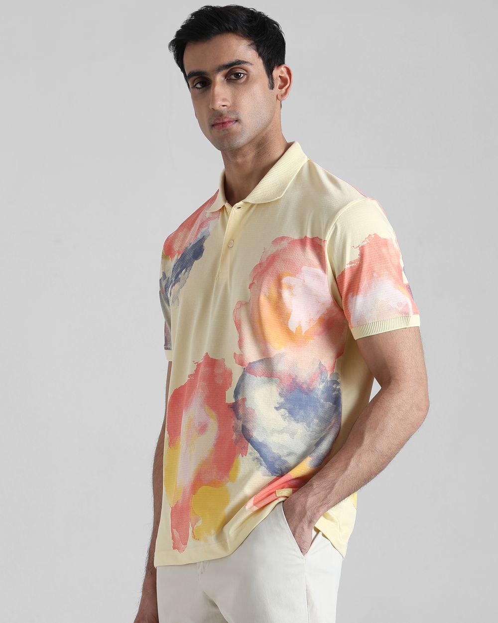 Light Yellow Floral Print Regular Fit T-Shirt