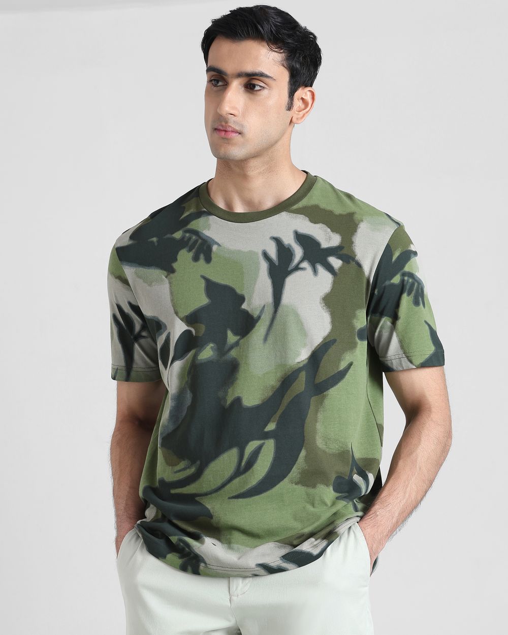 Olive Floral Print Regular Fit T-Shirt