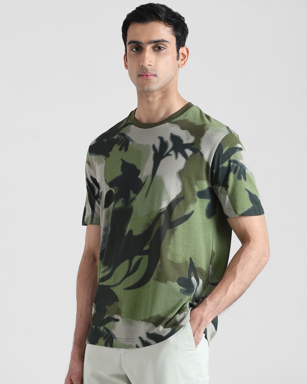 Olive Floral Print Regular Fit T-Shirt