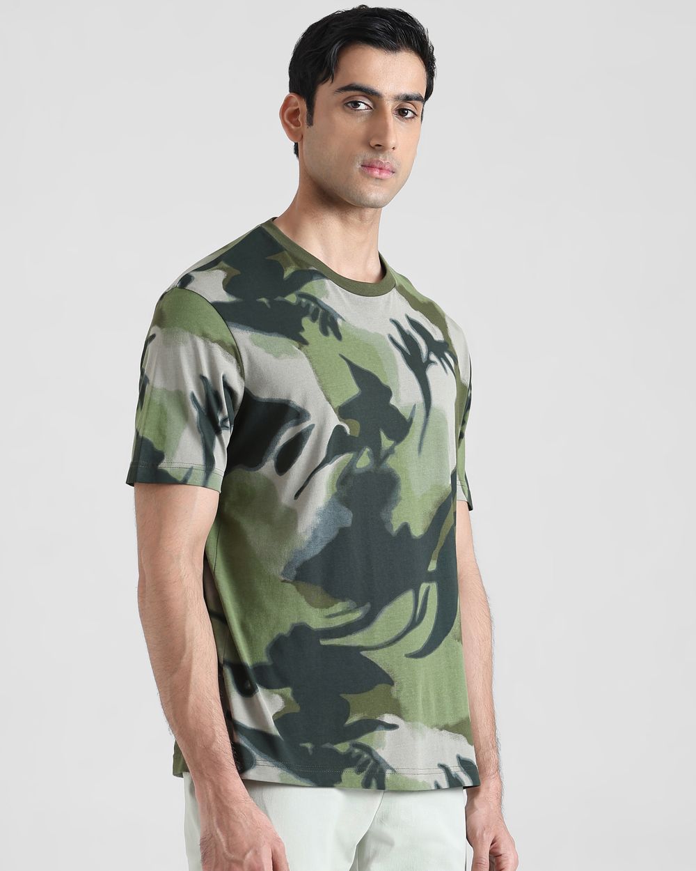 Olive Floral Print Regular Fit T-Shirt