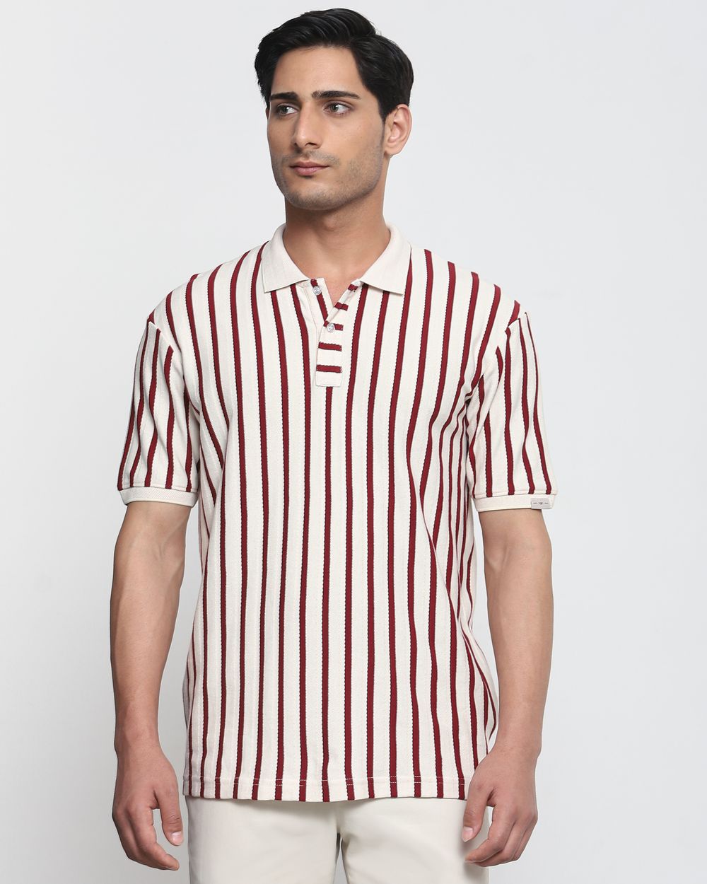 Maroon Textured Stripe Regular Fit T-Shirt