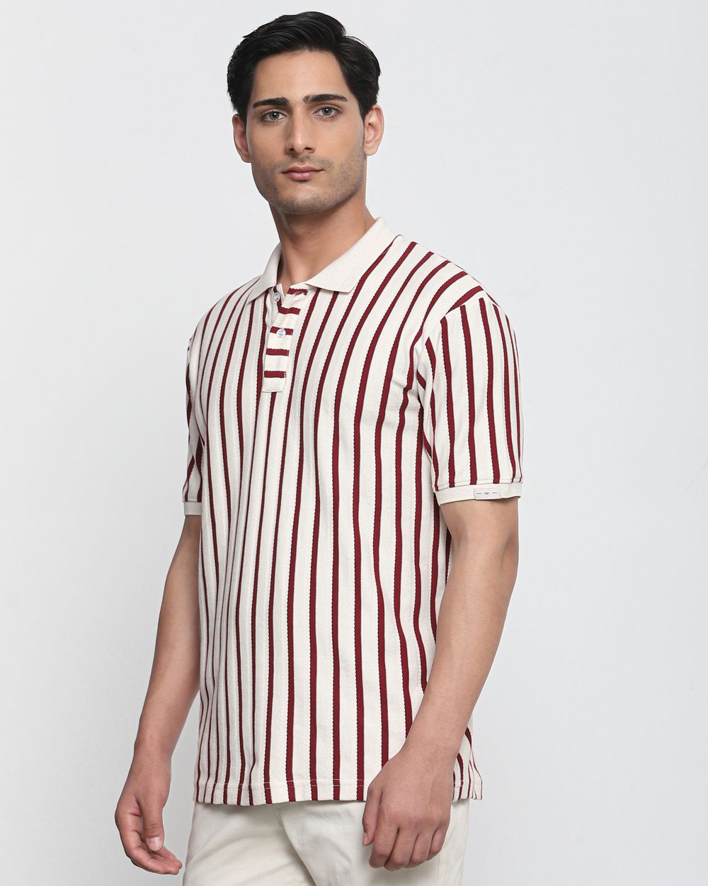 Maroon Textured Stripe Regular Fit T-Shirt