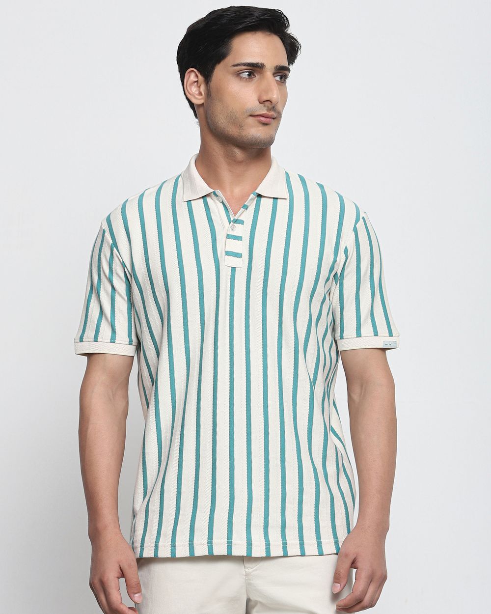 Teal Textured Stripe Regular Fit T-Shirt