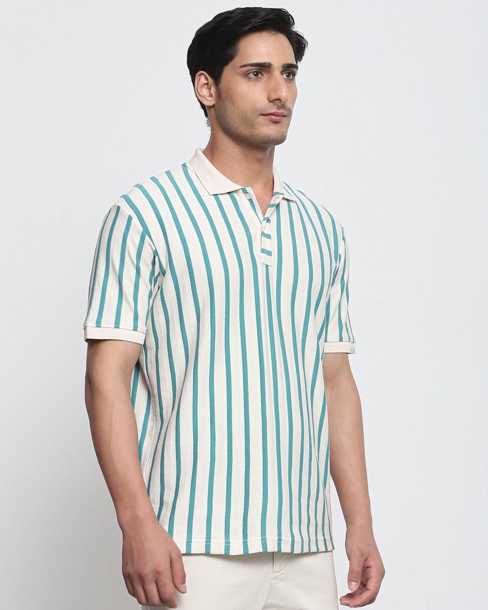 Teal Textured Stripe Regular Fit T-Shirt