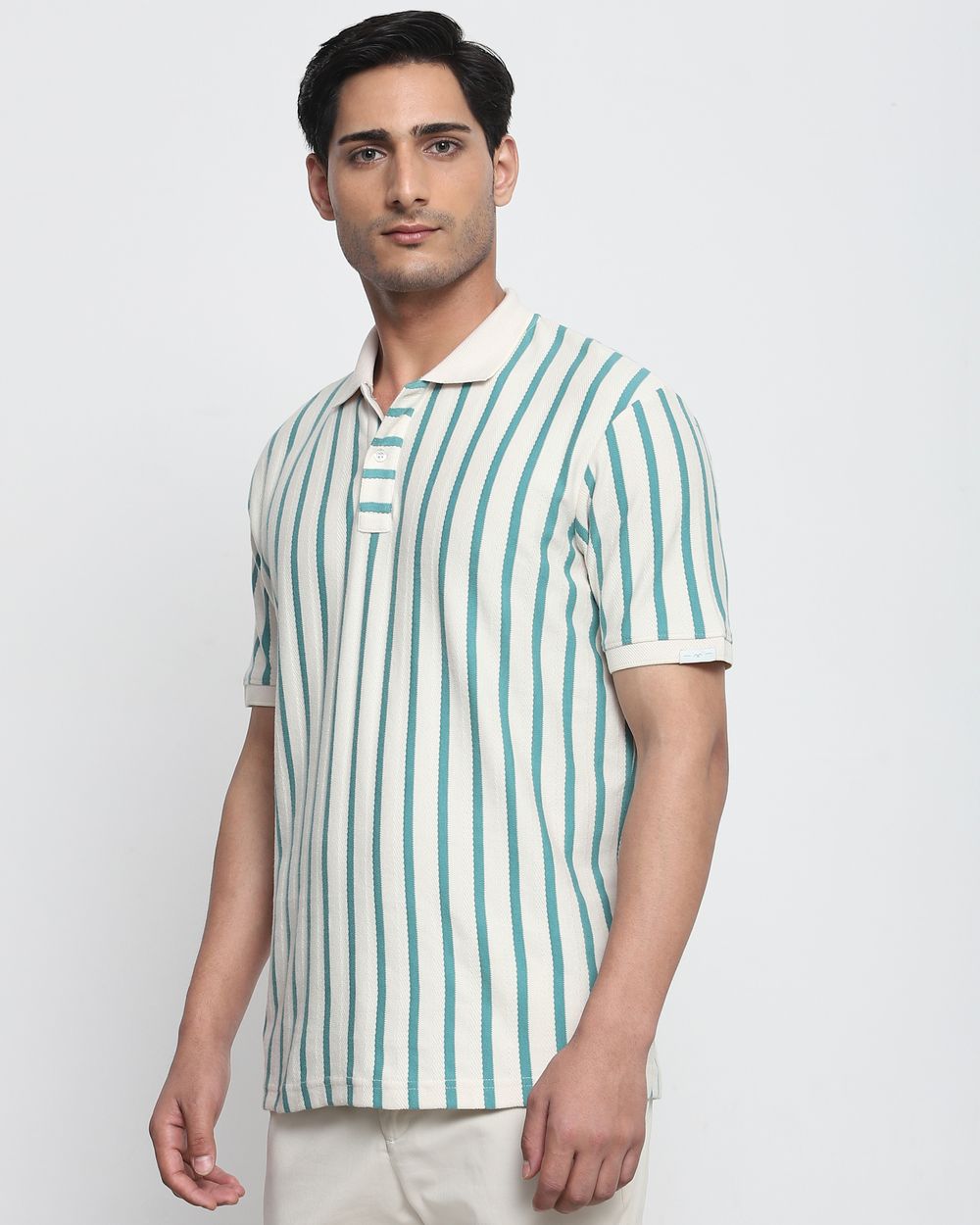 Teal Textured Stripe Regular Fit T-Shirt