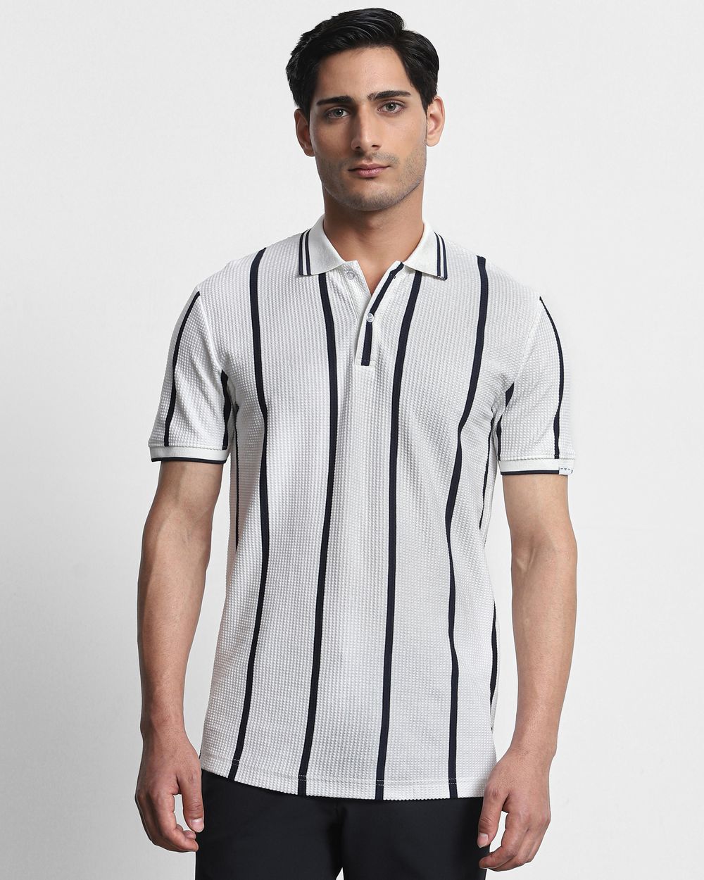White Textured Stripe Slim Fit T-Shirt