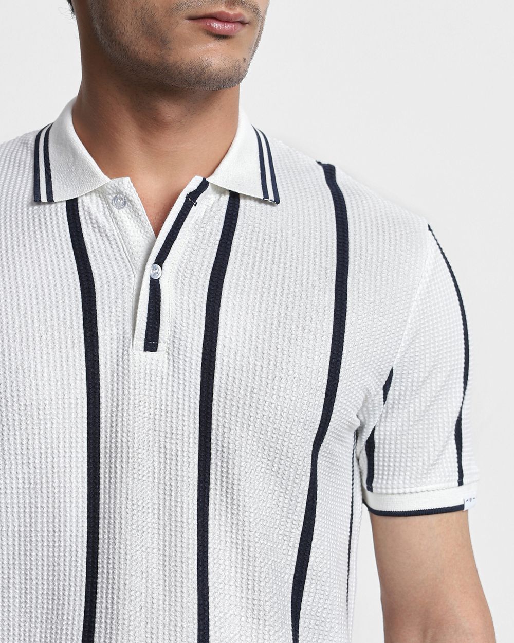 White Textured Stripe Slim Fit T-Shirt