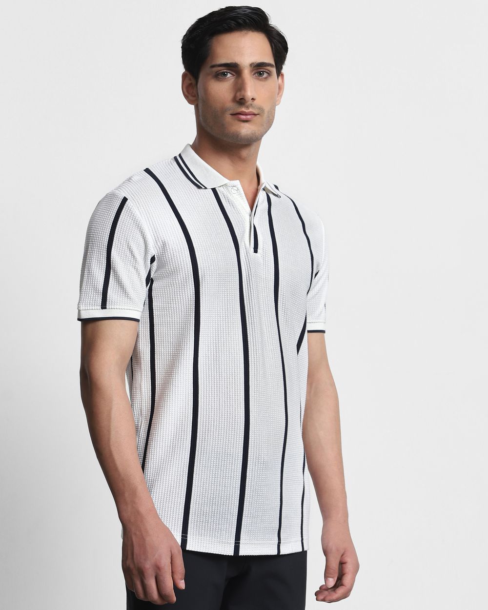 White Textured Stripe Slim Fit T-Shirt