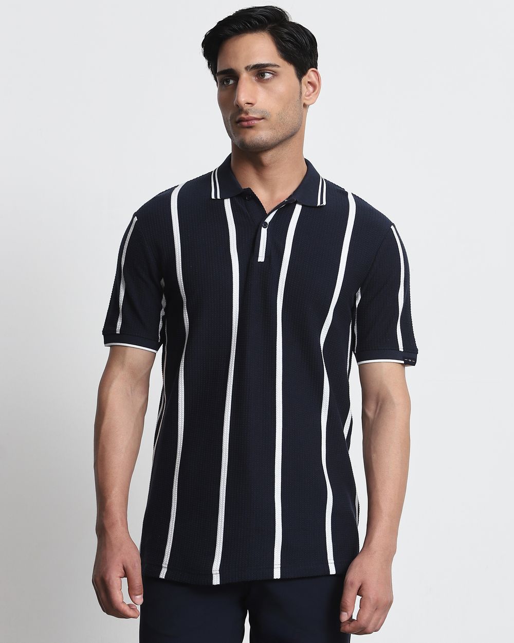 Navy Textured Stripe Slim Fit T-Shirt