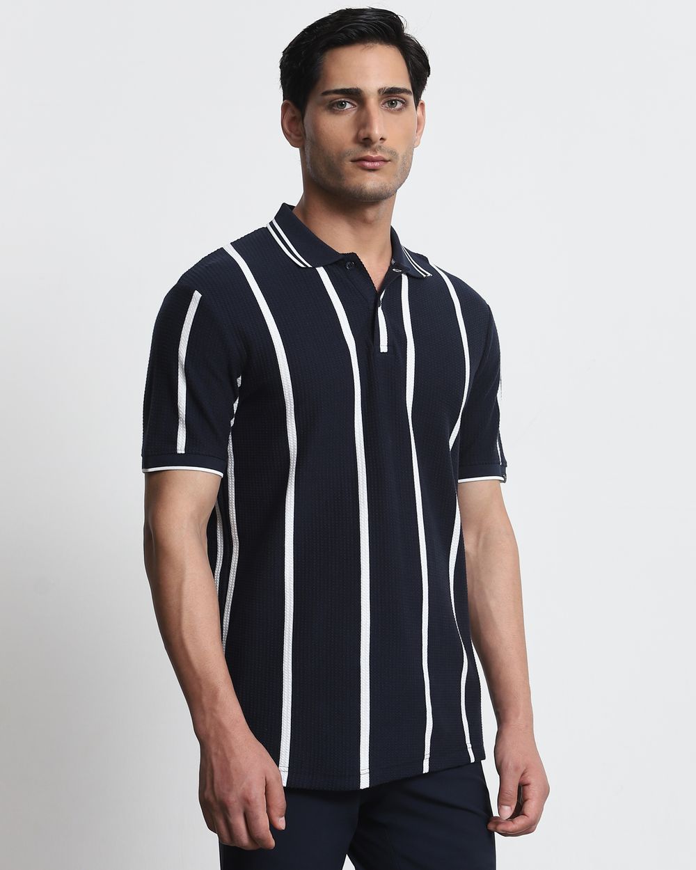 Navy Textured Stripe Slim Fit T-Shirt