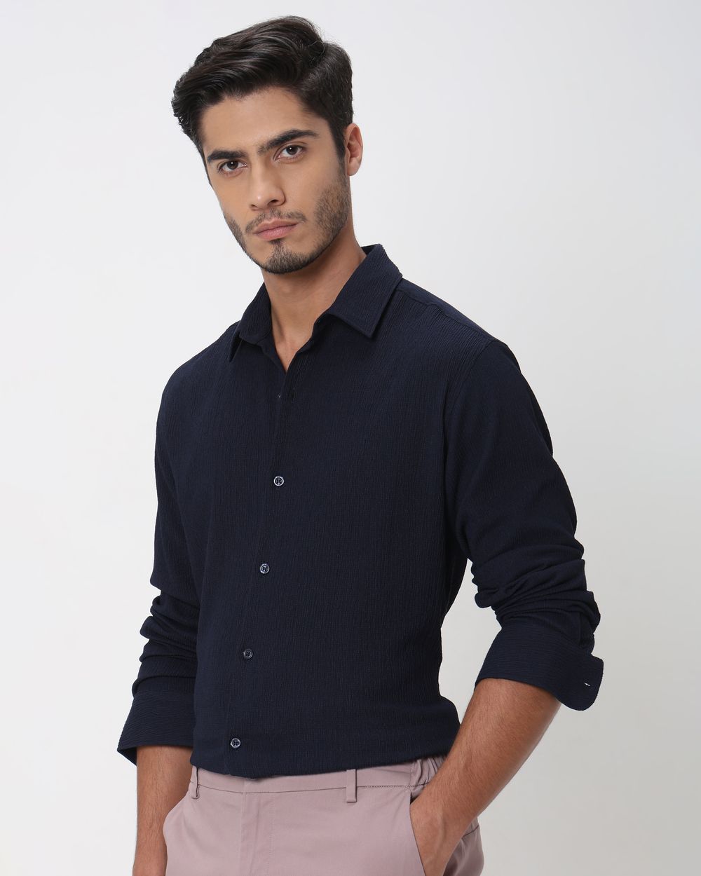 Navy Textured Plain  Slim Fit Casual Shirt