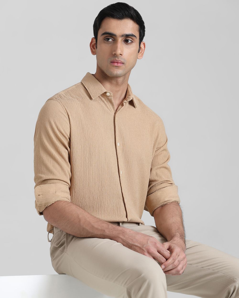Khaki Textured Plain  Slim Fit Casual Shirt