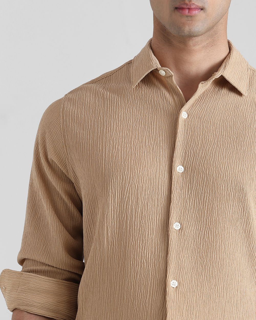 Khaki Textured Plain  Slim Fit Casual Shirt