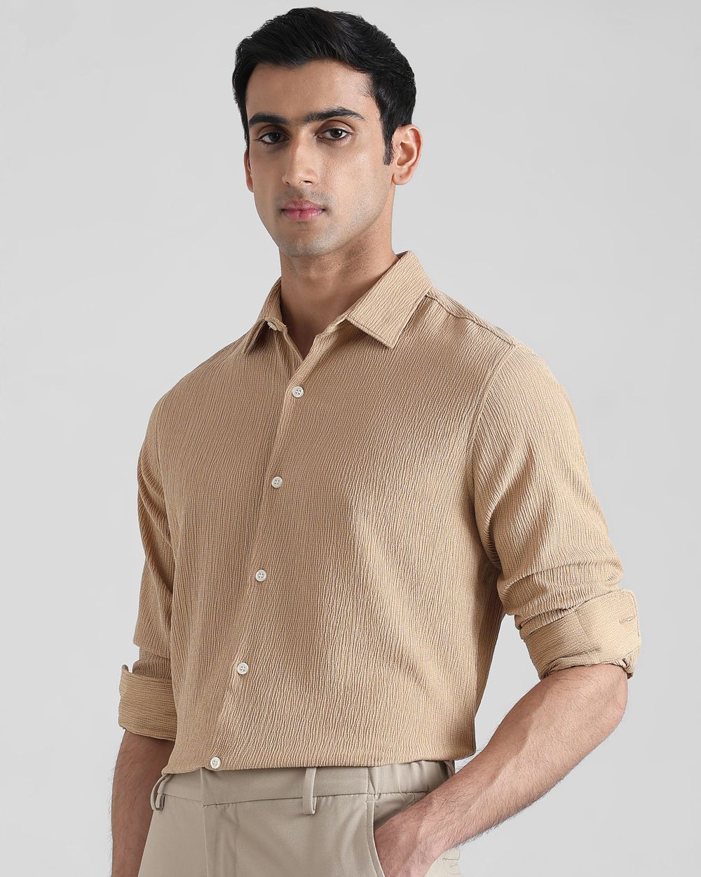 Khaki Textured Plain  Slim Fit Casual Shirt